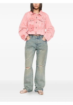 GANNI floral-appliqué cropped denim jacket - Pink