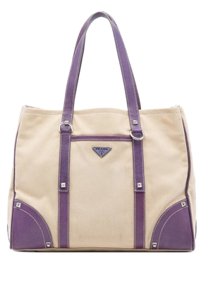 Prada Pre-Owned 2013-2025 Studded Leather Trimmed Canvas Front Pocket Tote satchel - Brown