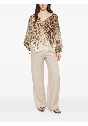 ERMANNO FIRENZE Georgette leopard-pattern lace-trim blouse - Neutrals