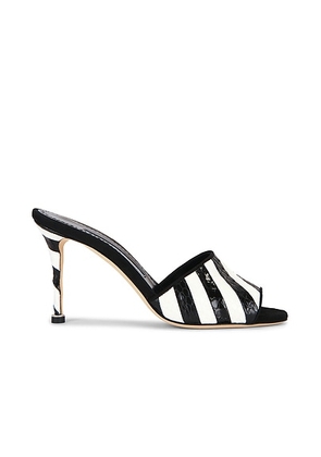 Manolo Blahnik Larache 90 Mule Sandal in White & Black - Black,White. Size 36 (also in 36.5, 39.5).