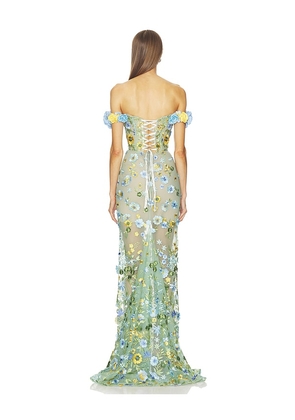 Bronx and Banco Portofino Floral Jasmine Off The Shoulder Gown in Teal. Size L. Also in XS, S, XL.