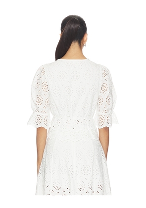 FRAME The Deco Eyelet Tiered Blouse in White. Size XS. Also in L, S.
