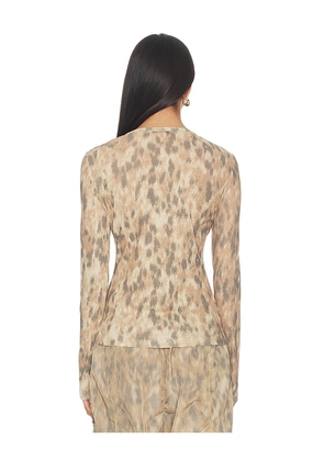 Ganni Printed Marl Mesh Long Sleeve Top in Beige. Size 34. Also in 36, 38, 40, 42.