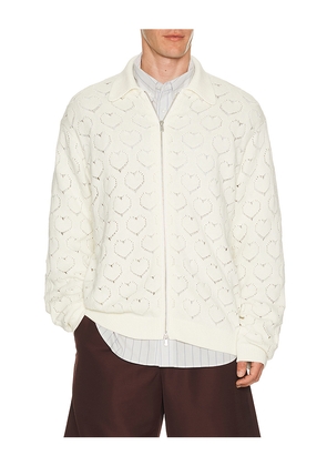 vowels Eyelet Knitted Zip Up in White. Size 1. Also in 2, 3, 4.