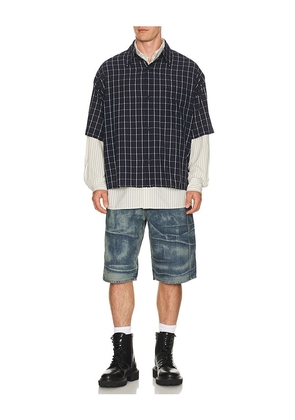 Won Hundred Maza Check Short Sleeve Shirt in Navy. Size S. Also in L, M, XL/1X.