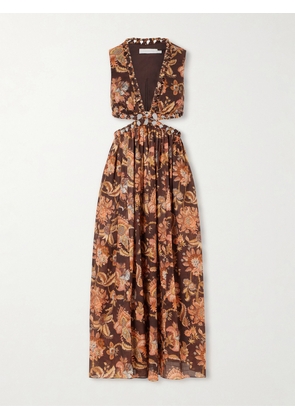Zimmermann - Aster Cut-out Printed Cotton Midi Dress - Brown - 00,0,1,2,3,4