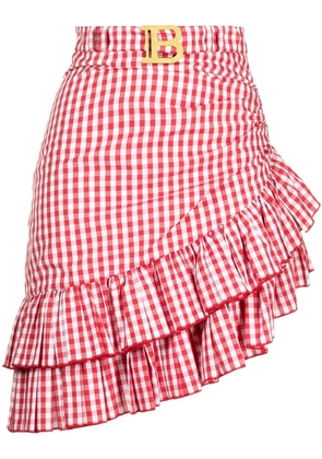 Balmain belted ruffled plaid skirt - Red