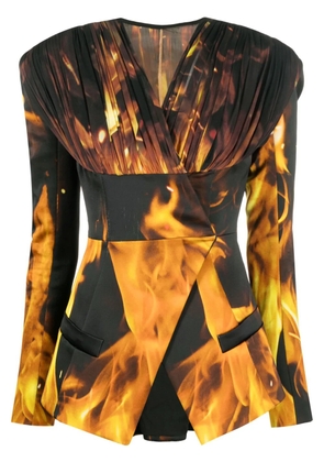 Balmain fire-print collarless blazer - Black