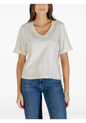 LIU JO rhinestone-embellished V-neck T-shirt - Neutrals
