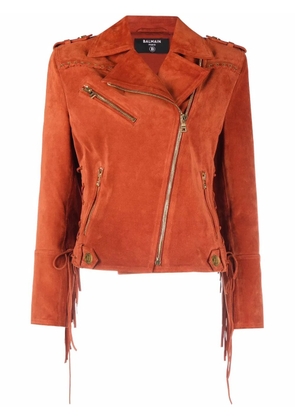 Balmain x Netflix fringed suede asymmetric-zip biker jacket - Orange