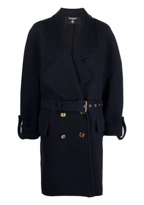 Balmain large belted wool coat - Blue