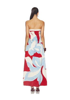 SEVEN WONDERS Amoree Strapless Maxi Dress in Blue,Red. Size S. Also in XS, M.