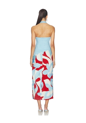 SEVEN WONDERS Evie Halter Ruched Midi Dress in Blue,Red. Size S. Also in XL, XS.