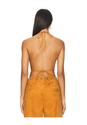 Understated Leather Dome Studded Halter Top in Brown. Size S. Also in XS, L.