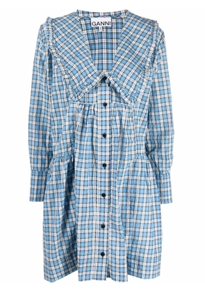 GANNI Seersucker check-print gathered dress - Blue