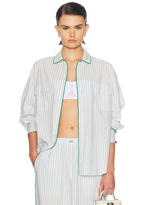 LUNYA Airy Cotton Piped Button Down Shirt in Stillwater Stripe & Spring Clover - White,Baby Blue. Size XS (also in S, M, L).