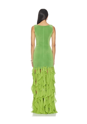 ELLIATT Marison Ruffled Fringe Gown in Green. Size S. Also in XS, M, L, XL.
