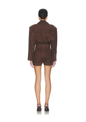 LAMARQUE Scotty Fringed Suede Romper in Chocolate. Size S. Also in XS, M, L.