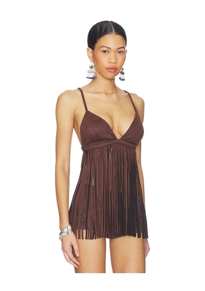 MORE TO COME Moriah Fringe Faux Suede Top in Chocolate. Size XS. Also in XXS, S, M, L, XL.