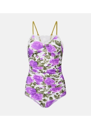 Chloe Floral ruched lace-trimmed swimsuit