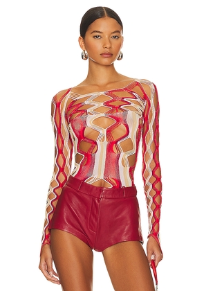POSTER GIRL Marina Top Shapewear Fishnet Boat Neck Top in Red.