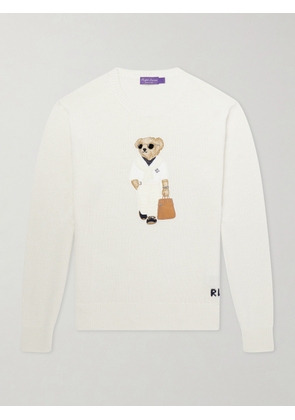 Ralph Lauren Purple Label - Polo Bear Logo-Appliquéd Leather-Trimmed Knitted Silk and Linen-Blend Sweater - Men - Neutrals - S