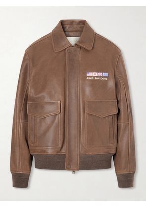 Aimé Leon Dore - World’s Borough Printed Leather Jacket - Brown - x small,small,medium