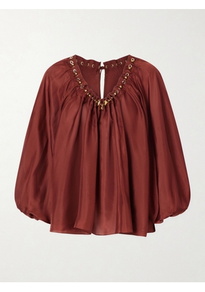 Zimmermann - Aster Gathered Beaded Silk-satin Blouse - Burgundy - 00,0,1,2,3,4