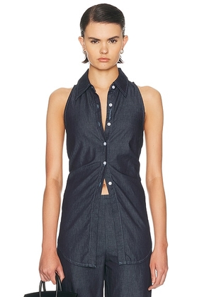 SIMONMILLER Loch Sleeveless Chambray Button Up Top in Indigo - Navy. Size L (also in M, S, XS).