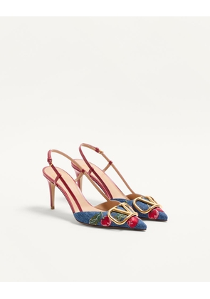 Valentino Garavani VLogo Signature Slingback Pumps In Denim With Cherryfic Embroidery 80Mm Woman DENIM/MULTICOLOUR 34