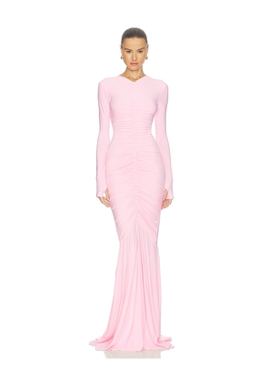 Norma Kamali Long Sleeve V Neck Shirred Front Fishtail Gown in Pink. Size M. Also in XS, XXS, S, L.
