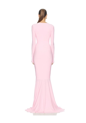Norma Kamali Long Sleeve V Neck Shirred Front Fishtail Gown in Pink. Size M. Also in S, L, XL.