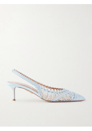 Aquazzura - Kahlo 50 Embroidered Leather-trimmed Mesh Slingback Pumps - Blue - IT35,IT35.5,IT36,IT36.5,IT37,IT37.5,IT38,IT38.5,IT39,IT39.5,IT40,IT40.5,IT41,IT41.5,IT42