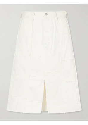 B SIDES - Madras Distressed Denim Midi Skirt - White - 24,25,26,27,28,29,30,31,32