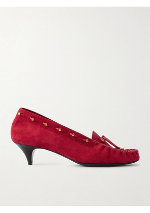 KHAITE - Milly Embellished Whipstitched Suede Pumps - Red - IT35,IT36,IT36.5,IT37,IT37.5,IT38,IT38.5,IT39,IT39.5,IT40,IT41,IT42