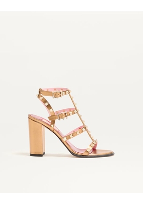 Valentino Garavani Rockstud Laminated Calfskin Sandal with Straps 90mm Woman GOLD 35