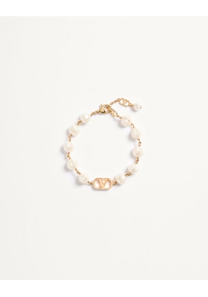 Valentino Garavani VLogo Signature Bracelet in Metal with Glass Beads Woman GOLD/CREAM M