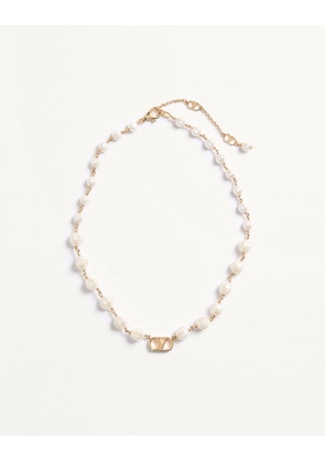 Valentino Garavani VLogo Signature Necklace in Metal and Glass Beads Woman GOLD/CREAM UNI