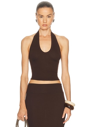 Enza Costa Silk Rib U Neck Halter Top in Chocolate - Chocolate. Size XS (also in S, M, L, XL).