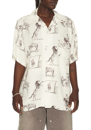 ONE OF THESE DAYS Charcoal Montage Camp Shirt in Bone - Ivory. Size M (also in L, XL/1X, XXL/2X).