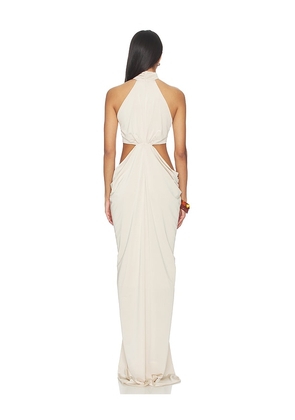 AWAVE Studio Halter Neck Cut Out Long Dress in Beige. Size 34/2. Also in 40/8, 42/10.