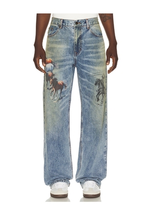 ONE OF THESE DAYS All Over Print Straight Leg Jeans in Blue. Size S. Also in L, XL/1X.