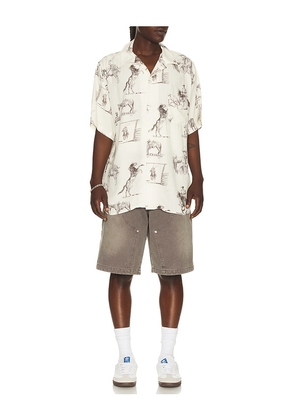 ONE OF THESE DAYS Charcoal Montage Camp Shirt in Ivory. Size M. Also in L, XL/1X.