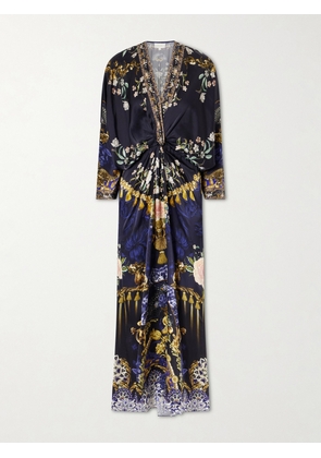 Camilla - Gathered Embellished Printed Silk Maxi Dress - Blue - x small,small,medium,large,x large,xx large