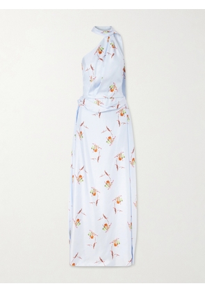 Emilia Wickstead - Tie-detailed Pleated Floral-print Halterneck Silk-twill Gown - Blue - UK 4,UK 6,UK 8,UK 10,UK 12,UK 14