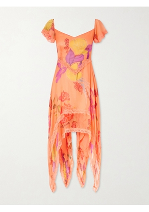 Donde Esteban - Guava Flores Ruffled Asymmetric Lace-trimmed Silk-chiffon Midi Dress - Orange - x small,small,medium,large,x large