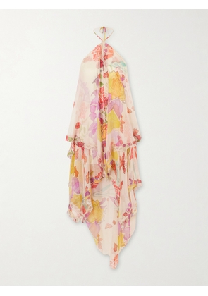Donde Esteban - Flores Ruffled Asymmetric Lace-trimmed Silk-chiffon Halterneck Maxi Dress - Multi - x small,small,medium,large,x large