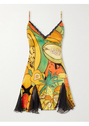 Donde Esteban - Frutas Ruffled Lace-trimmed Printed Silk-blend Satin And Chiffon Mini Dress - Multi - x small,small,medium,large,x large