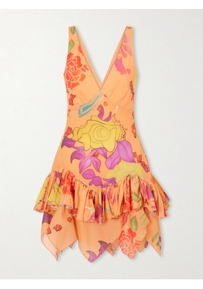 Donde Esteban - Guava Flores Ruffled Printed Cotton-voile Mini Dress - Orange - x small,small,medium,large,x large