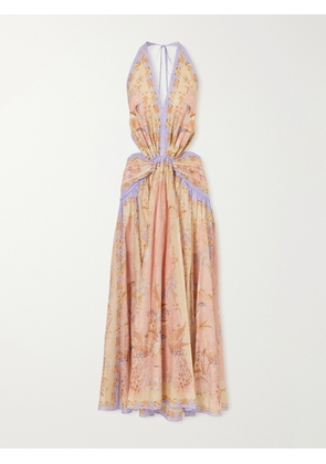 Zimmermann - Indra Plunge Printed Metallic Cotton And Silk-blend Halterneck Maxi Dress - Pink - 00,0,1,2,3,4